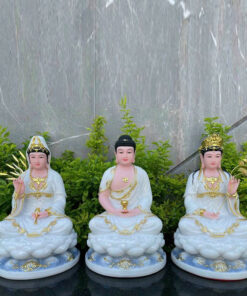 Bộ 3 Tam Thế Phật - Tượng Tây Phương Tam Thánh Màu Trắng , Ngồi Đài Sen ,Chất Liệu Bột Đá Trắng Cao Cấp