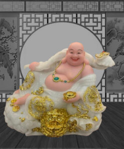 Tượng Phật Di Lặc Phú Quý Ngồi Trên Cóc Ngậm Tiền, Cầm Gậy Như Ý - Màu Trắng