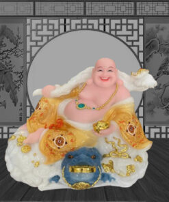 Tượng Phật Di Lặc Phú Quý Ngồi Trên Cóc Ngậm Tiền, Cầm Gậy Như Ý - Màu Vàng