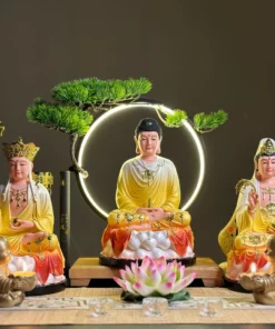 Bộ Tượng Tam Thánh, Thích Ca, Địa Tạng, Quan Âm sơn bóng Vàng - Đỏ, cao 30cm