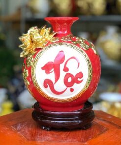 Bình Hút Tài Lộc Chữ Lộc Gốm Sứ Bát Tràng Dát Vàng Cao Cấp - Màu Đỏ