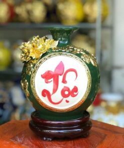 Bình Hút Tài Lộc Chữ Lộc Gốm Sứ Bát Tràng Dát Vàng Cao Cấp - Màu Xanh Lục