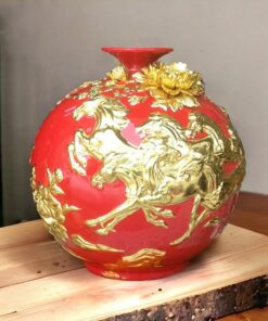 Bình Hút Tài Lộc Mã Đáo Thành Công Gốm Sứ Bát Tràng Dát Vàng Cao Cấp- Màu Đỏ