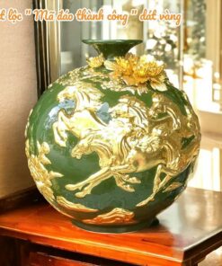 Bình Hút Tài Lộc Mã Đáo Thành Công Gốm Sứ Bát Tràng Dát Vàng Cao Cấp- Màu Xanh Lục