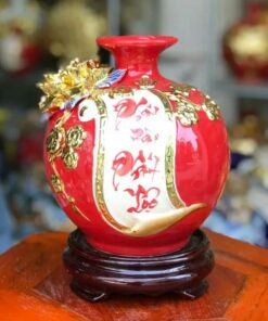 Bình Hút Tài Lộc Phát Tài Phát Lộc Gốm Sứ Bát Tràng Dát Vàng Cao Cấp - Màu Đỏ