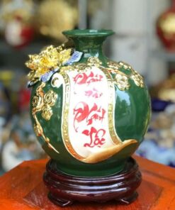 Bình Hút Tài Lộc Phát Tài Phát Lộc Gốm Sứ Bát Tràng Dát Vàng Cao Cấp - Màu Xanh Lục