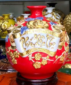 Bình Hút Tài Lộc Phúc Lộc Thọ Gốm Sứ Bát Tràng Dát Vàng Cao Cấp -Màu Đỏ