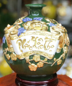 Bình Hút Tài Lộc Phúc Lộc Thọ Gốm Sứ Bát Tràng Dát Vàng Cao Cấp -Màu Xanh Lục