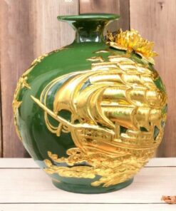 Bình Hút Tài Lộc Thuận Buồm Xuôi Gió Gốm Sứ Bát Tràng Dát Vàng Cao Cấp - Màu Xanh Lục