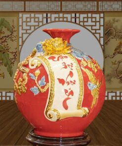 Bình Hút Tài Lộc Vạn Sự Như Ý Gốm Sứ Bát Tràng Dát Vàng Cao Cấp - Màu Đỏ
