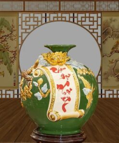Bình Hút Tài Lộc Vạn Sự Như Ý Gốm Sứ Bát Tràng Dát Vàng Cao Cấp - Màu Xanh Lục
