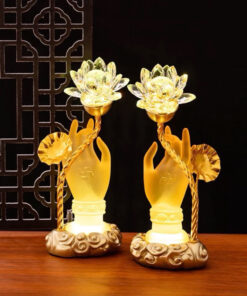 Đôi Đèn Thờ Bàn Tay Phật Cầm Nhành Sen Thanh Tao - Màu Pha Lê
