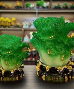 Tượng Bắp Cải Phong Thủy Có Đính Hồ Lô Và Tiền Vàng - Màu Xanh Lá