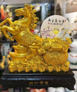 Tượng Ngựa Vàng Kéo Hũ Tiền Vàng Đồng Điếu