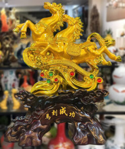 Tượng Song Mã Gậy Như Ý Vàng