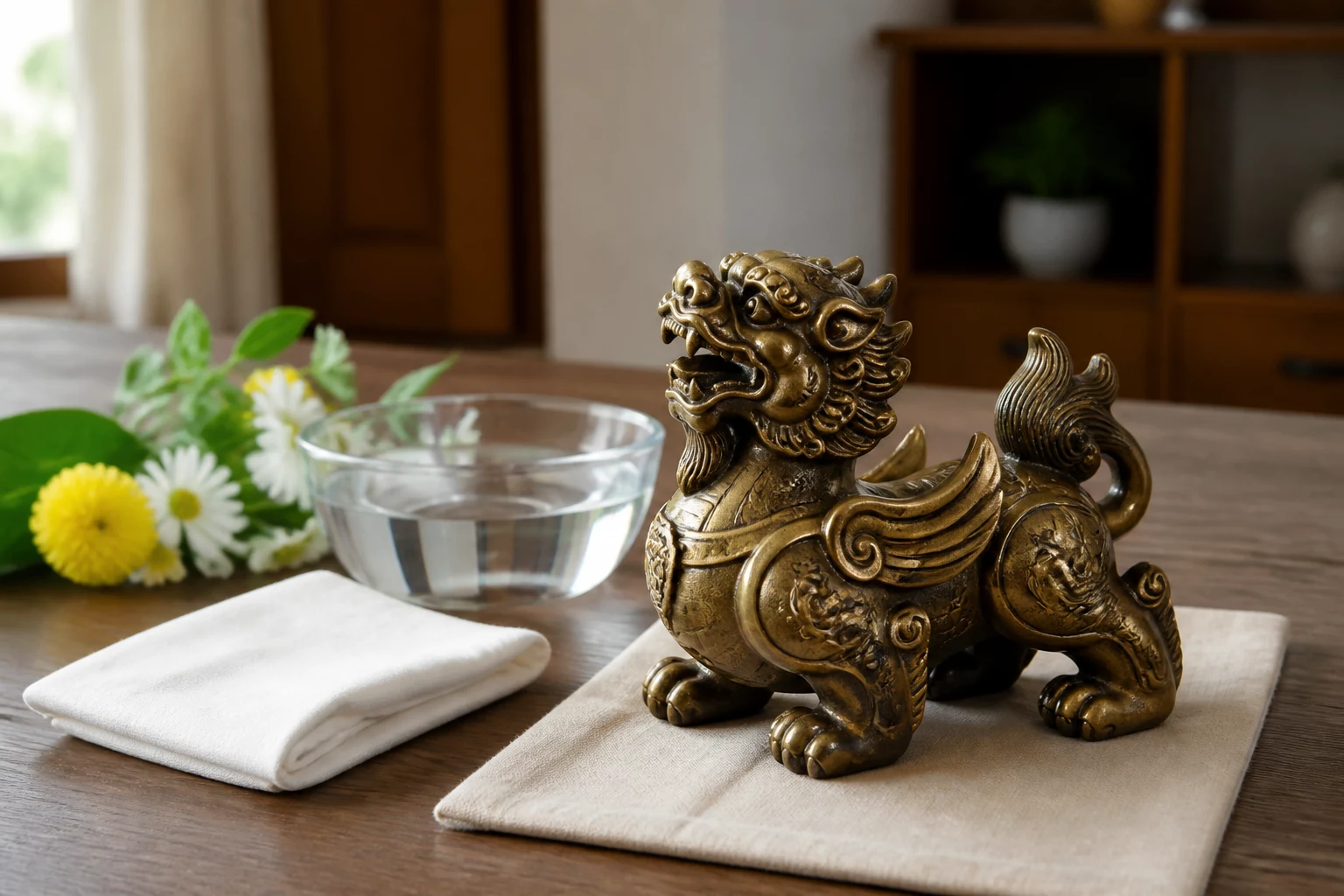 Tượng Tỳ Hưu đặt trên khăn sạch cạnh nước và hoa tươi