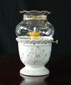 Đèn Dầu Ban Thờ Gốm Trắng Họa Tiết Hoa Sen Viền Vàng