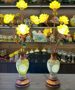 đèn thờ hoa sen lưu ly 5 bông thân sứ hoa văn sang trọng cao 90cm