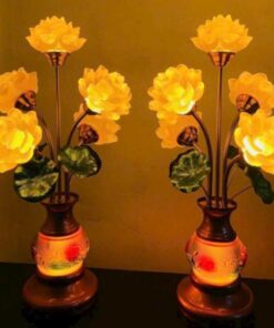 Đèn Thờ Hoa Sen Lưu Ly 5 Bông Thân Vân Sen Nổi 7 Màu Cao 55Cm