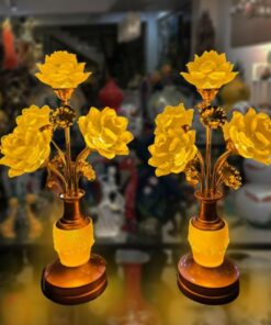 Đôi Đèn Thờ Hoa Sen 5 Bông Cao 55Cm Thân Trụ Vân Sáng - Lưu Ly
