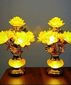 Đôi Đèn Thờ Hoa Sen Lưu Ly 5 Bông Thân Chạm Khắc Vân Nổi Cao 36 Cm