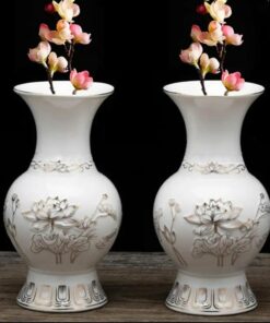 Lọ Hoa Ban Thờ Gốm Trắng Họa Tiết Hoa Sen Viền Vàng