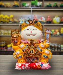 Mèo Thần Tài Vẫy Tay Đế Vương Gốm Sứ Cao Cấp Tay Nâng Thùng Vàng -Màu Vàng