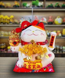Mèo Thần Tài Vẫy Tay Mèo Thần Tài Đội Mũ Quan Ôm Cây Tài Lộc cao 27cm - Màu trắng