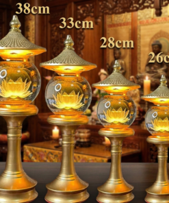 Cặp Đèn Thờ Mái Chùa Pha Lê - Đế Vàng (Sẵn Size 25/30/35/40cm)