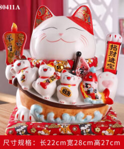 Mèo Thần Tài Vẫy Tay Cầm Quạt Kinh Doanh Đắc Lợi Cao 27cm