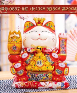 Mèo Thần Tài Vẫy Tay Đế Vương Màu Đỏ Tay Nâng Thùng Vàng