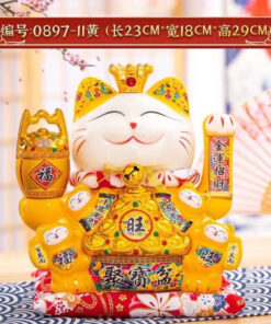 Mèo Thần Tài Vẫy Tay Đế Vương Màu Vàng Tay Nâng Thùng Vàng