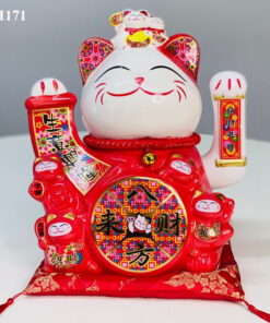 Mèo Thần Tài Vẫy Tay Màu Đỏ Kinh Doanh Hưng Thịnh