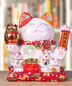 Mèo Thần Tài Vẫy Tay Nâng Thùng Vàng Cao 25cm