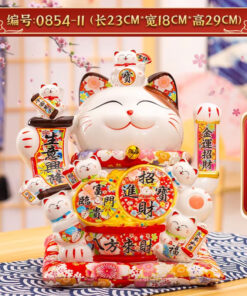 Mèo Thần Tài Vẫy Tay Ôm Thùng Hai Tiền Vàng