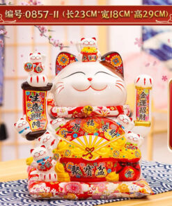 Mèo Thần Tài Vẫy Tay Túi Tiền Vàng Quạt Đỏ