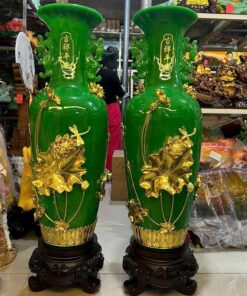 Cặp Lục Bình Ngọc Xanh Sen Vàng Cao 1M2