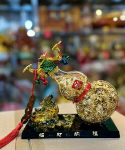 Tỳ Hưu Và Cóc Ngậm Tiền Bên Bình Hồ Lô Vàng Nước Tài Lộc 20X20Cm - Tỳ Hưu