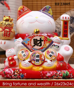 Mèo Thần Tài Vẫy Tay Đa Tài Đa Phúc Cao 25cm - Túi Tiền Kim Bảo