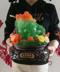 Tượng Thiềm Thừ Cóc Ngậm Tiền Hoa Mẫu Đơn - Màu Xanh