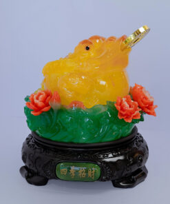 Tượng Thiềm Thừ Cóc Ngậm Tiền Ngồi Lá Sen 50x50cm - Màu Vàng