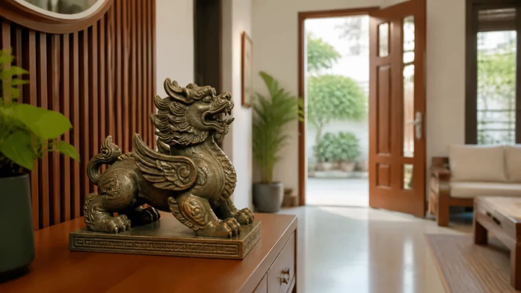 Tượng Tỳ Hưu trên kệ gỗ hướng về khu vực cửa ra vào