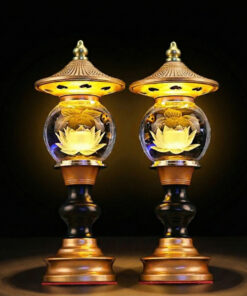 Đôi Đèn Thờ Pha Lê Hoa Sen Mái Chùa Đế Vàng Cao Cấp - Màu Vàng