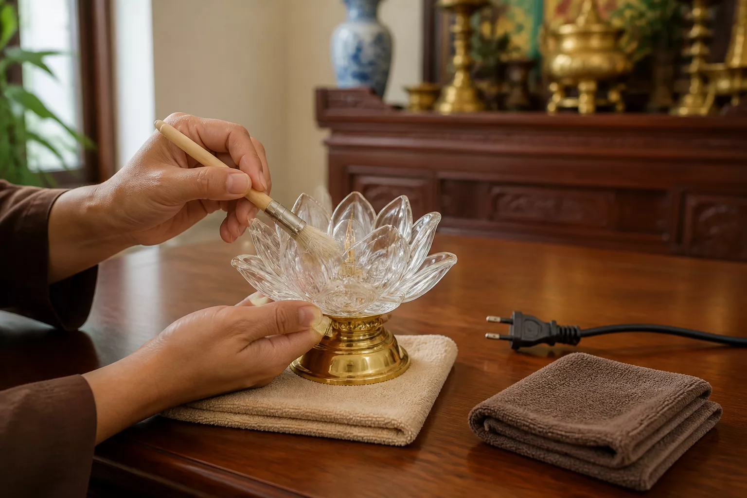 Vệ sinh đèn thờ lưu ly an toàn sau khi rút điện