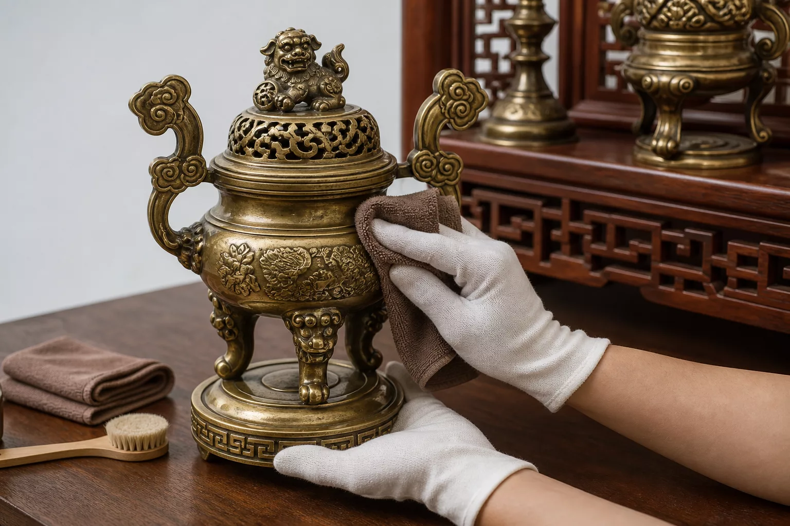Vệ sinh đồ thờ bằng đồng bằng khăn mềm và chổi lông