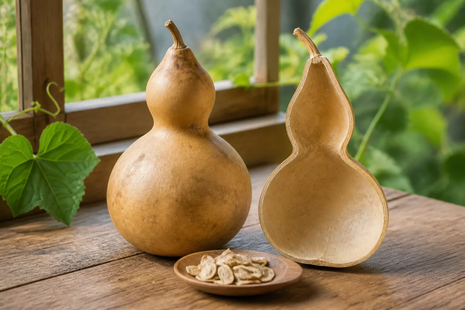 Quả bầu Hồ Lô khô và phần vỏ cắt bổ minh họa nguồn gốc