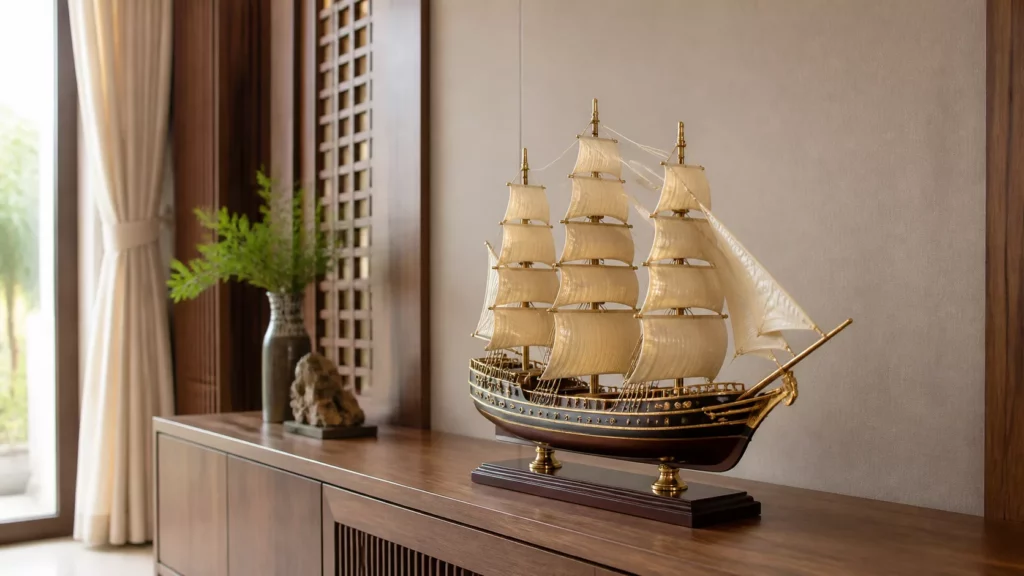 Thuyền buồm phong thủy đặt trên tủ phòng khách