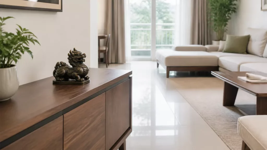 Tượng Tỳ Hưu đồng đặt chắc chắn trên tủ gỗ, không cản lối đi trong phòng khách
