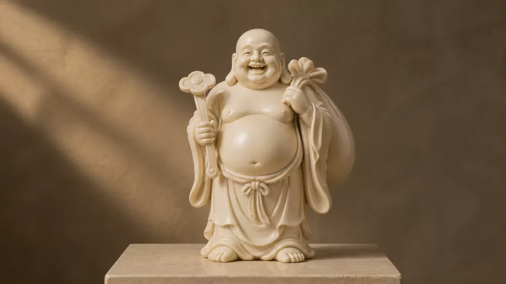 Tượng Di Lặc mang túi vải và cầm gậy Như Ý