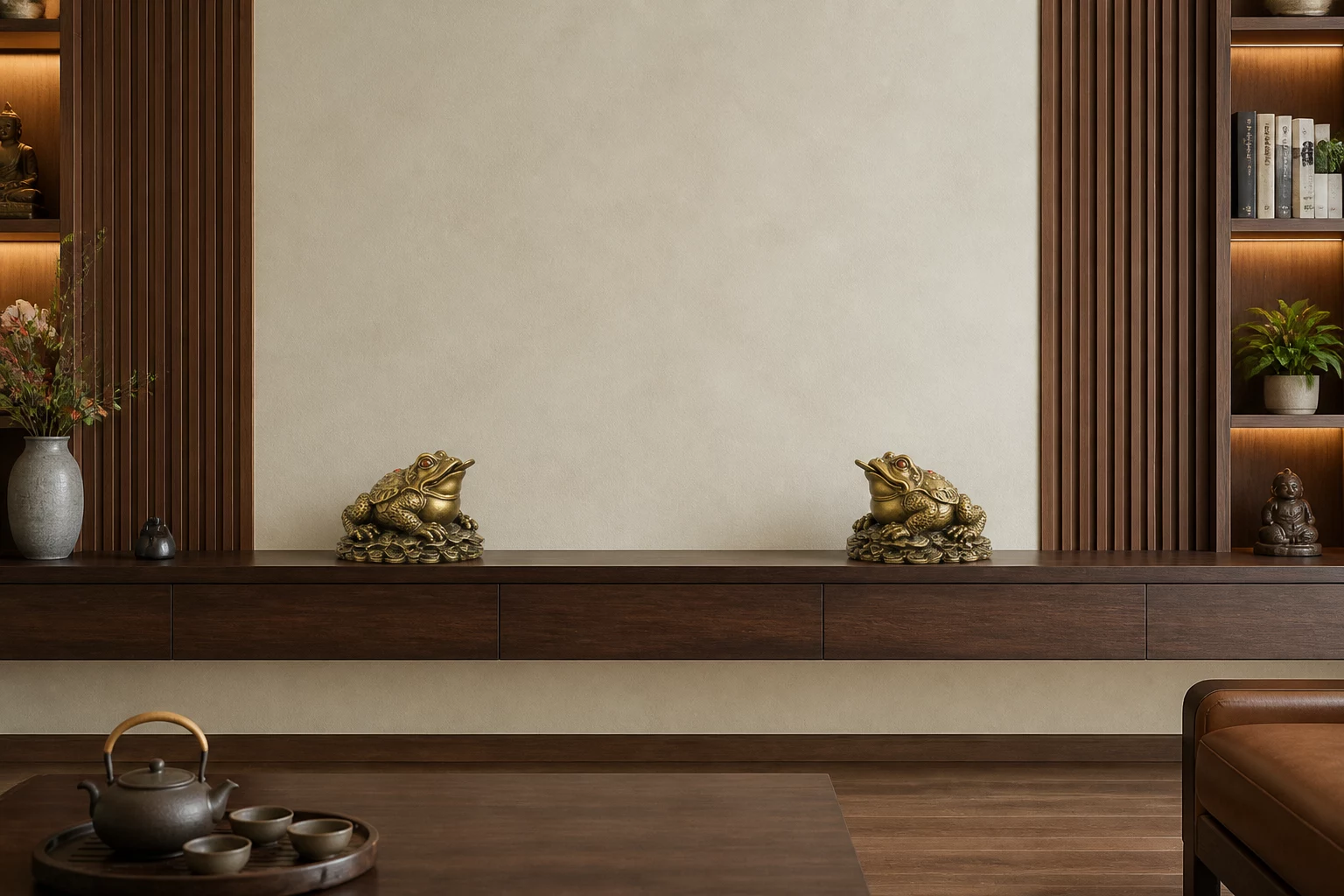 Hai tượng Thiềm Thừ đặt cân đối trên kệ gỗ dài